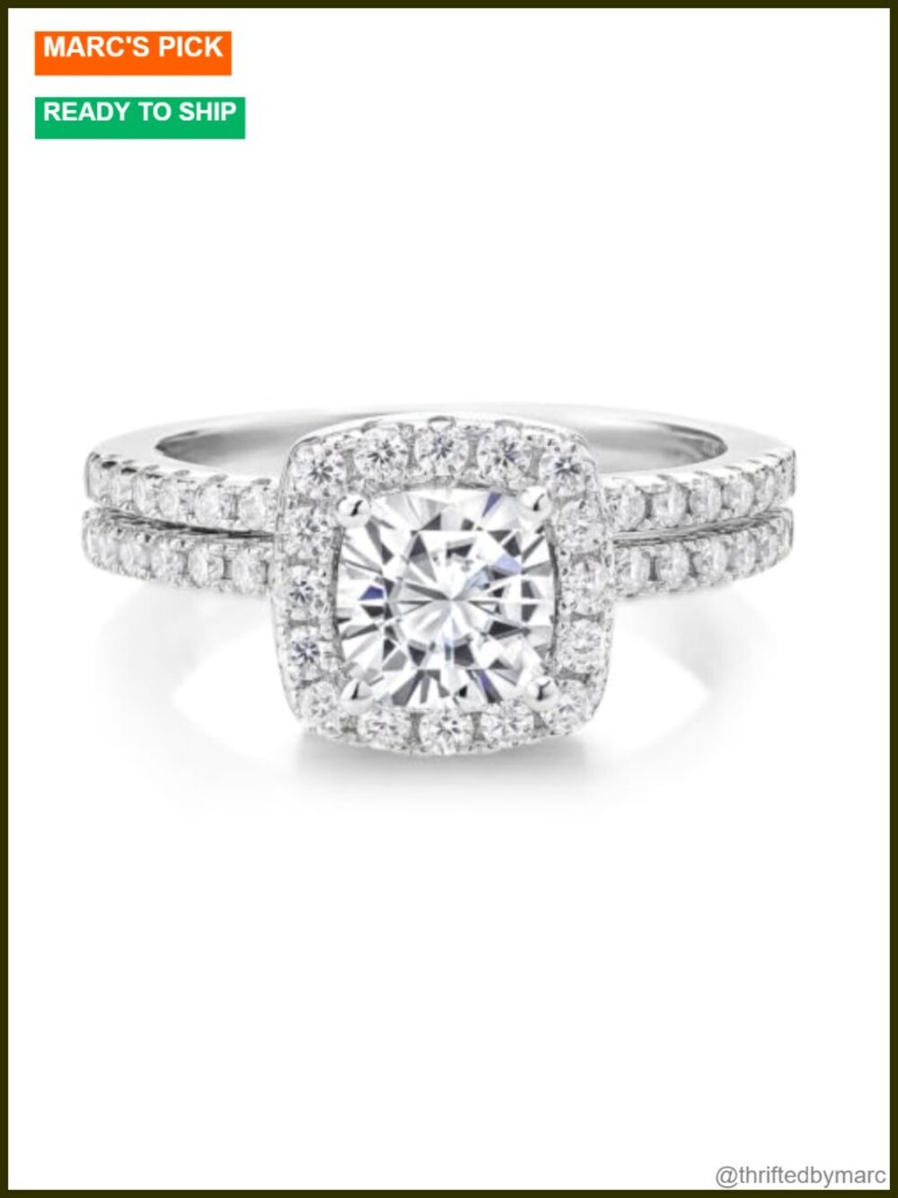 925 Sterling Silver Halo Bridal Set Ring Cushion Cut Moissanite